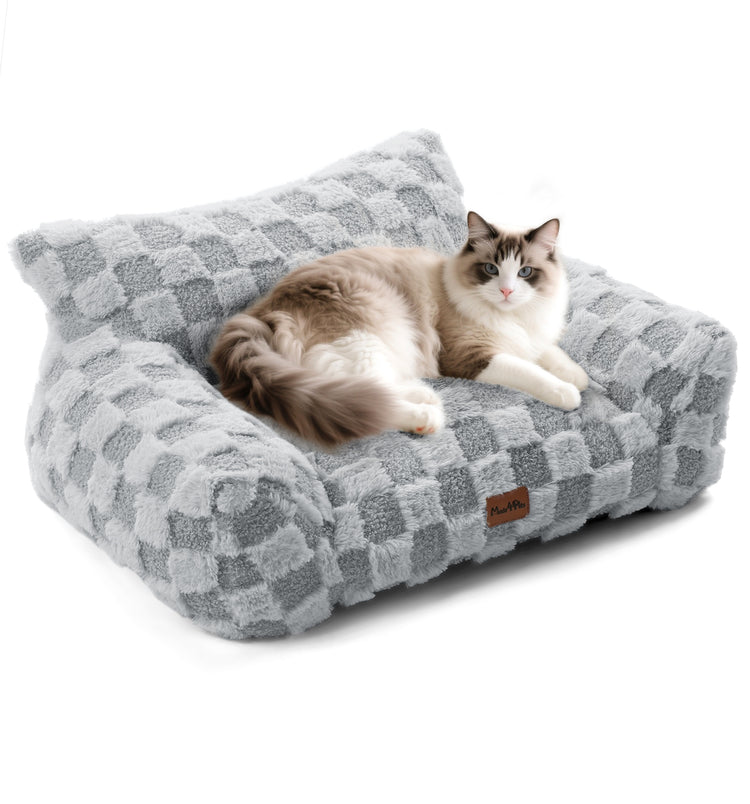 Soft Cat Couch Bed, Faux Fur Checkered Pet Sofa
