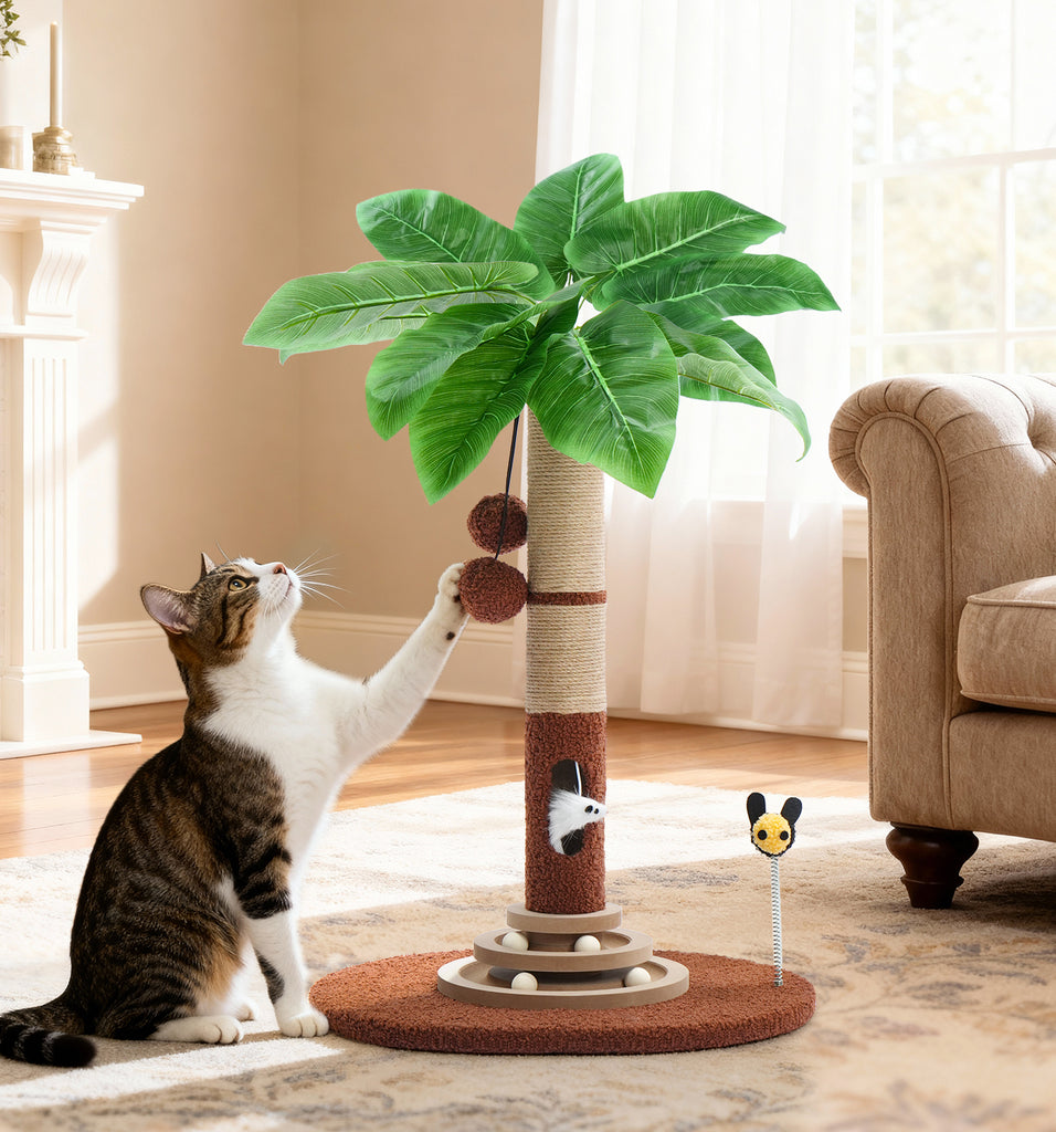 Made4Pets Palm Tree Cat Scratching Post with Sisal Rope, Interactive Hanging Balls, Toy Mouse and Two-Layer Ball Track Cat Toys, Cat Scratcher Tower for Indoor Cats and Kittens